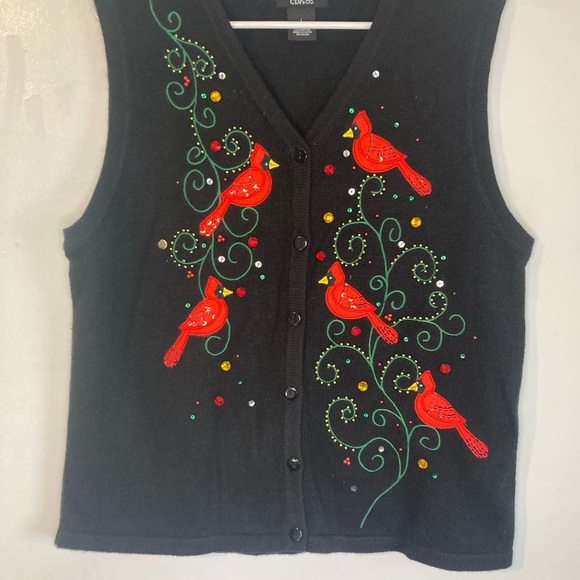Sweaters - Black Vest with Red Cardinal Embroidery
